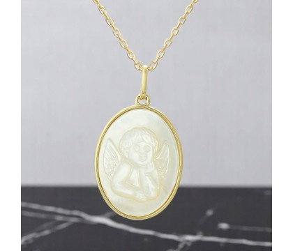 Collier médaille ange baptême ovale de nacre Plaqué OR 750 3 microns