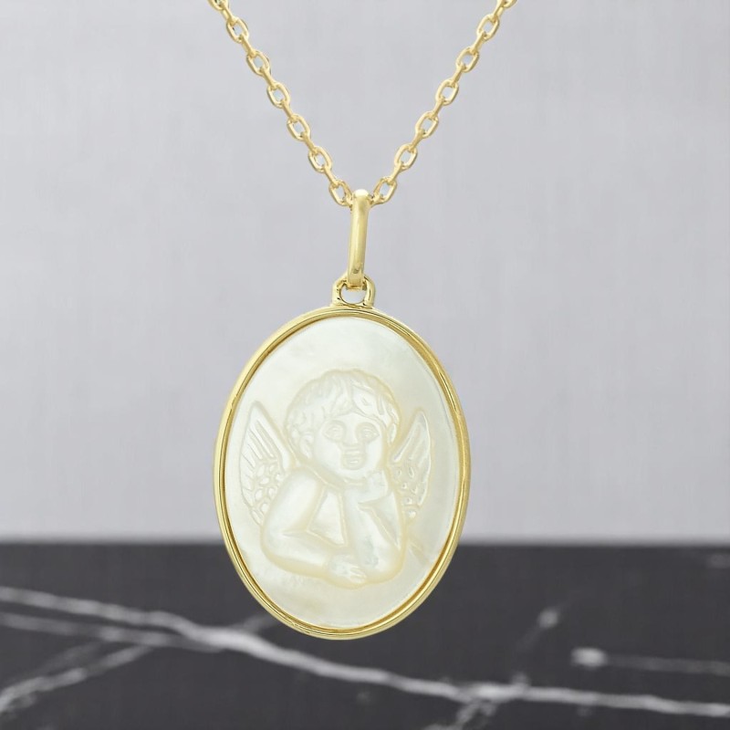 Collier médaille ange baptême ovale de nacre Plaqué OR 750 3 microns