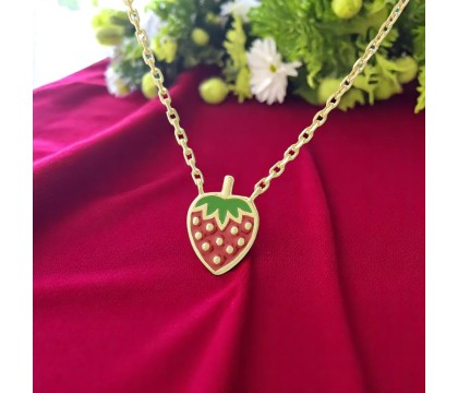 Collier fraise émail coloré Plaqué OR 750 3 microns