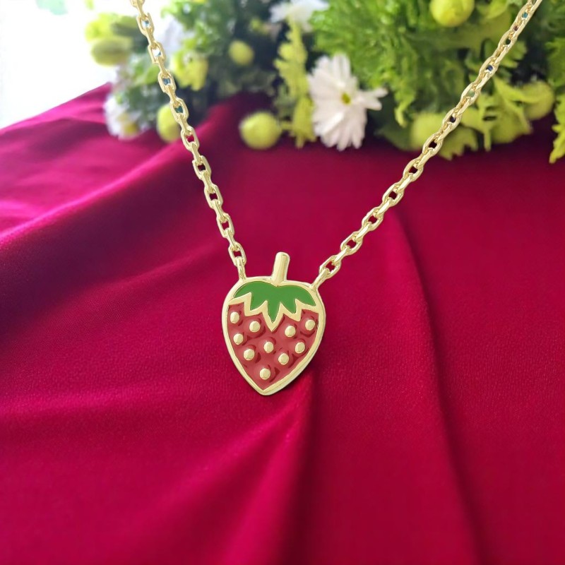 Collier fraise émail coloré Plaqué OR 750 3 microns