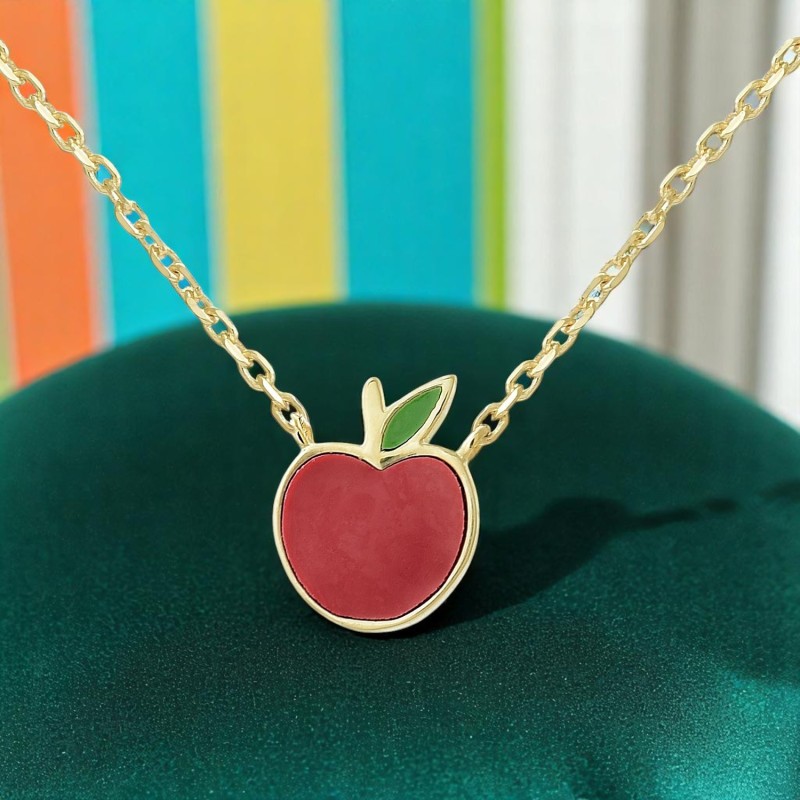 Collier pomme émail coloré rouge et vert Plaqué OR 750 3 microns
