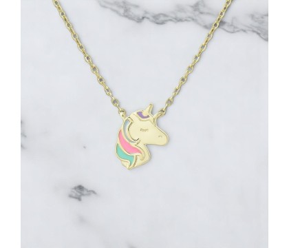 Collier tête de licorne émail coloré Plaqué OR 750 3 microns