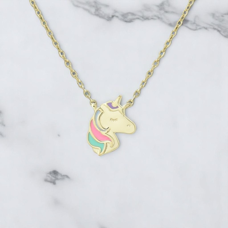Collier tête de licorne émail coloré Plaqué OR 750 3 microns