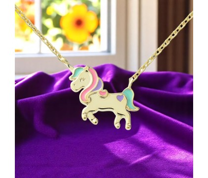 Collier licorne émail coloré Plaqué OR 750 3 microns