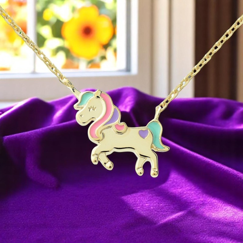 Collier licorne émail coloré Plaqué OR 750 3 microns