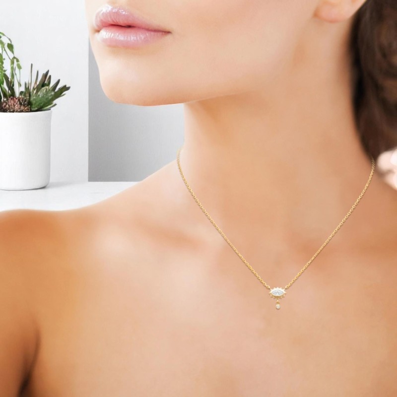Collier oeil oxyde de zirconium avec pendant rond Plaqué OR 750 3 microns