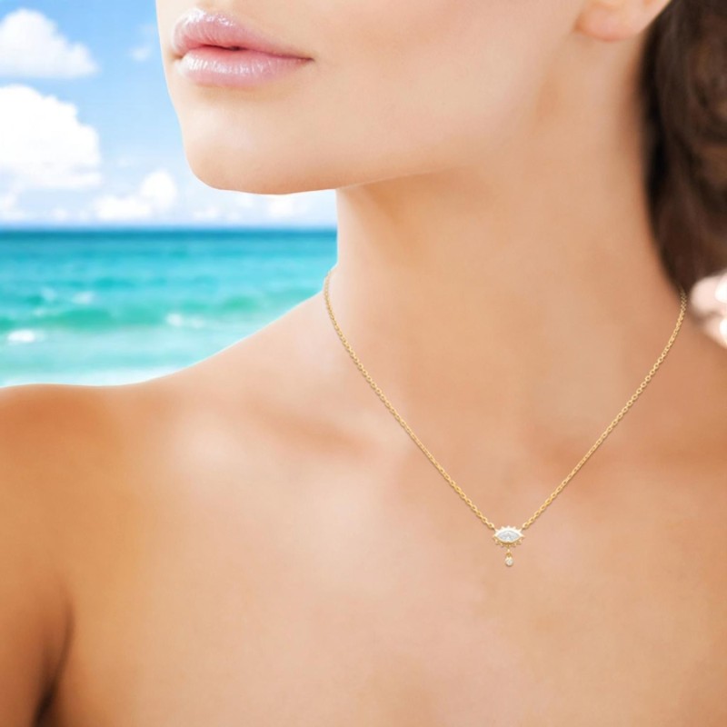 Collier oeil oxyde de zirconium avec pendant rond Plaqué OR 750 3 microns