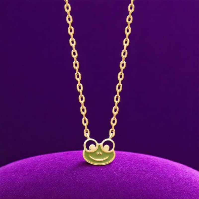 Collier grenouille émail coloré vert Plaqué OR 750 3 microns