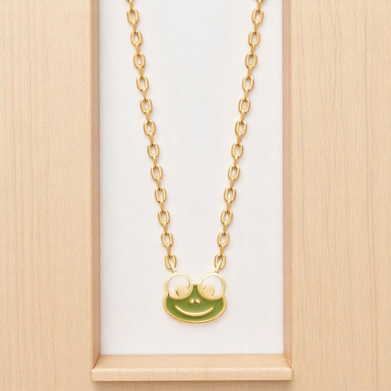 Collier grenouille émail coloré vert Plaqué OR 750 3 microns