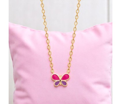 Collier papillon émail coloré rose et violet Plaqué OR 750 3 microns