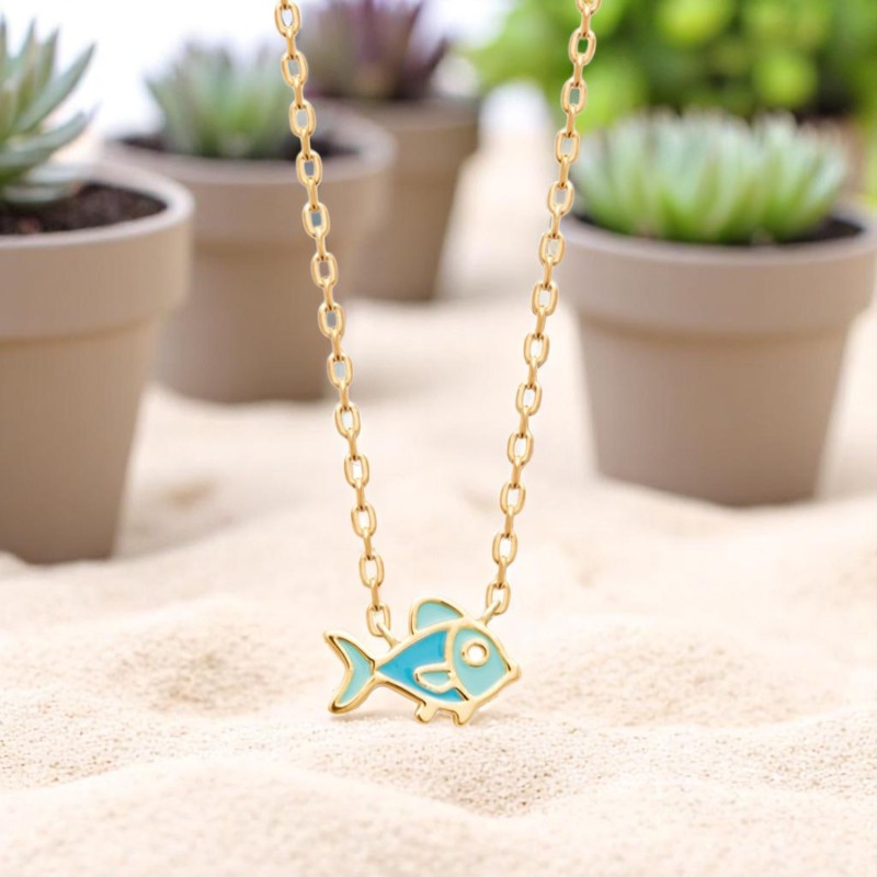 Collier poisson émail coloré bleu Plaqué OR 750 3 microns