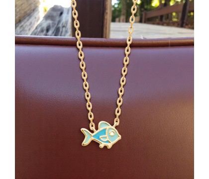 Collier poisson émail coloré bleu Plaqué OR 750 3 microns