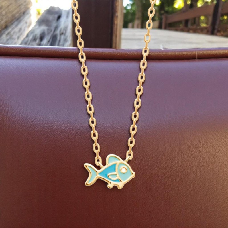 Collier poisson émail coloré bleu Plaqué OR 750 3 microns