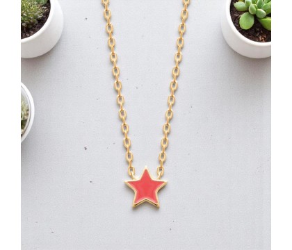 Collier étoile émail coloré rose Plaqué OR 750 3 microns