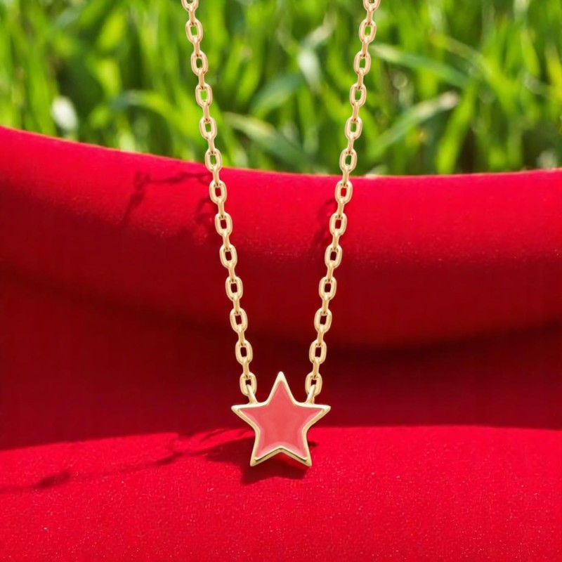 Collier étoile émail coloré rose Plaqué OR 750 3 microns
