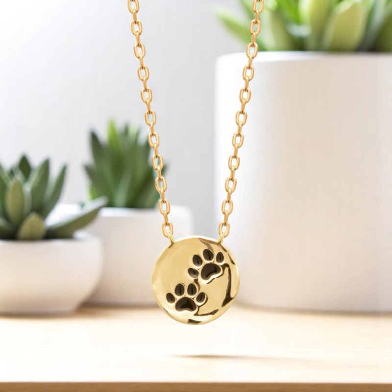 Collier patte de chien chat coussinet émail coloré noir Plaqué OR 750 3 microns
