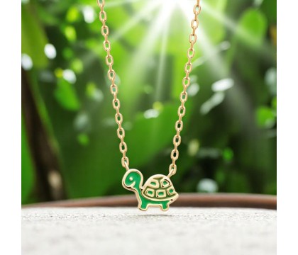 Collier tortue émail coloré vert Plaqué OR 750 3 microns