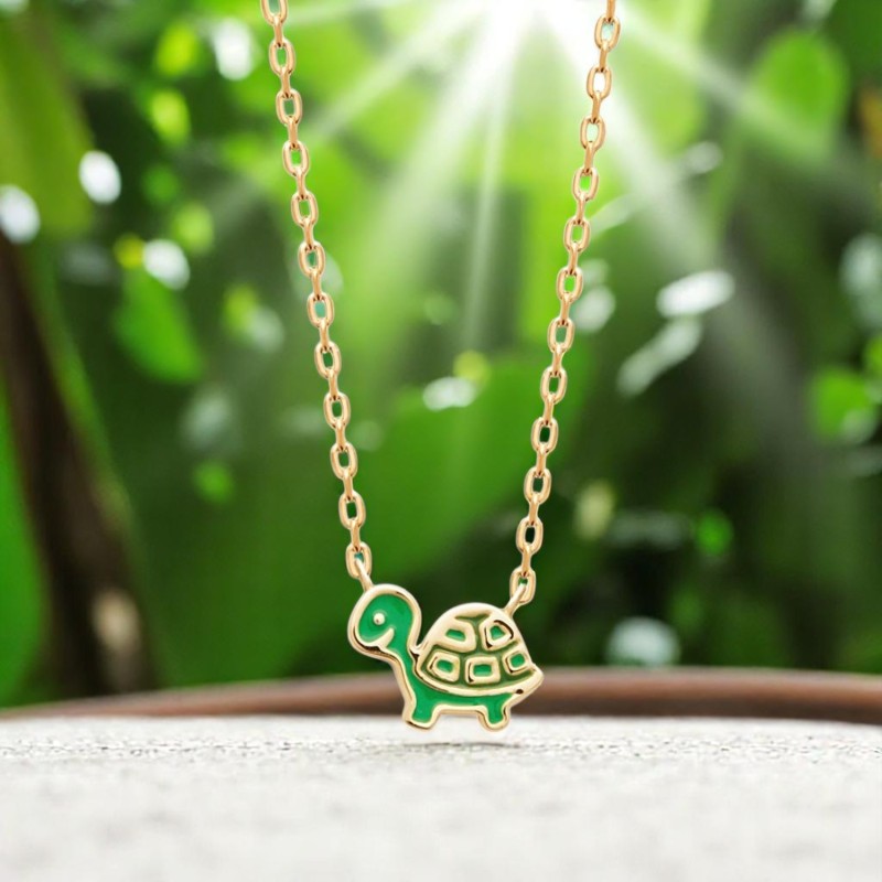 Collier tortue émail coloré vert Plaqué OR 750 3 microns