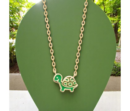 Collier tortue émail coloré vert Plaqué OR 750 3 microns