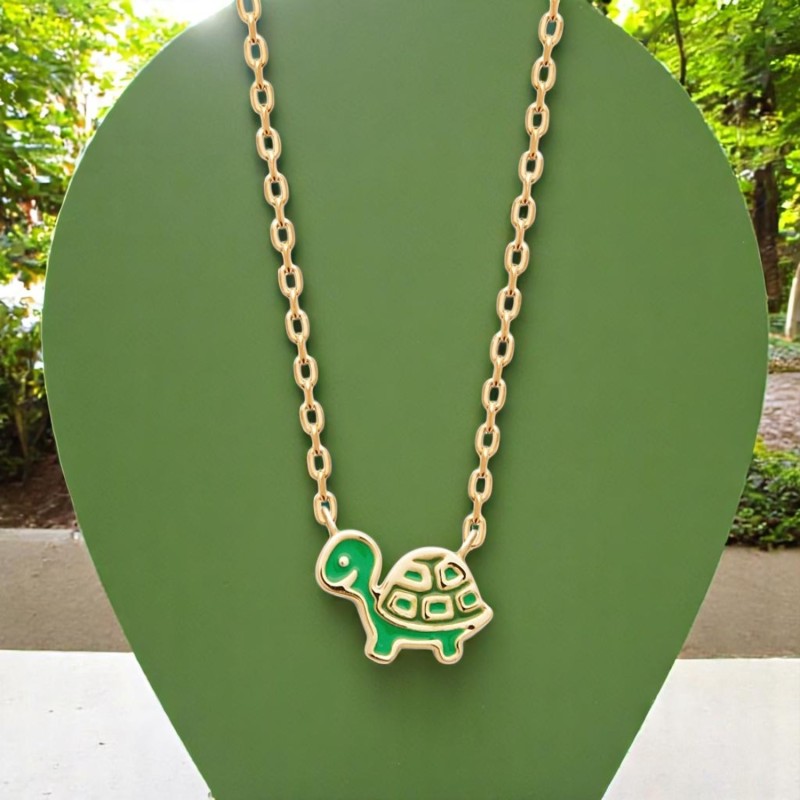 Collier tortue émail coloré vert Plaqué OR 750 3 microns