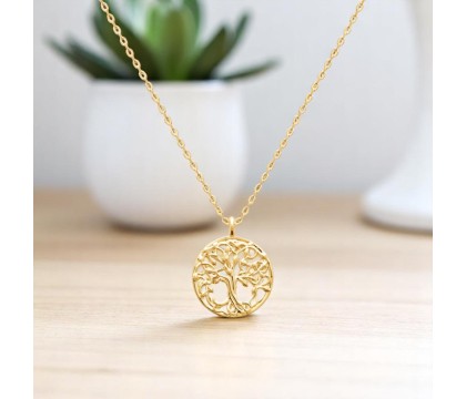 Collier arbre de vie à feuilles médaille ronde Plaqué OR 750 3 microns