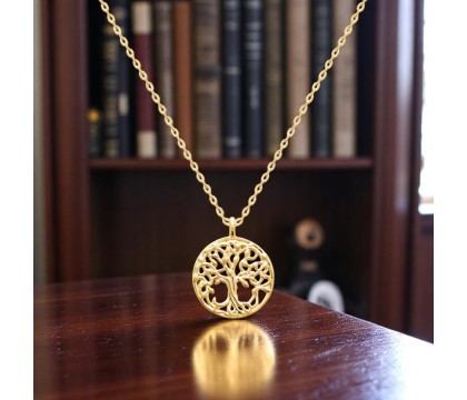 Collier arbre de vie à feuilles médaille ronde Plaqué OR 750 3 microns