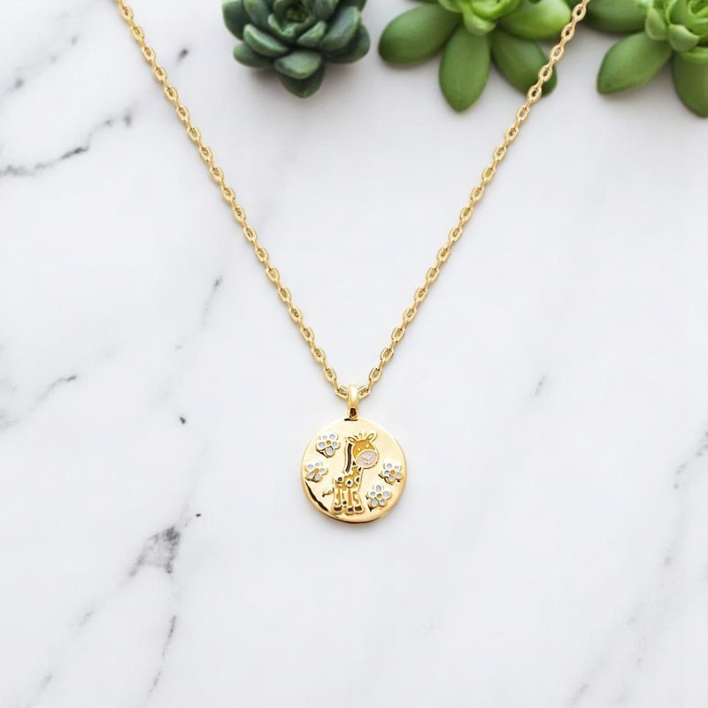 Collier girafe et petites fleurs émail coloré Plaqué OR 750 3 microns