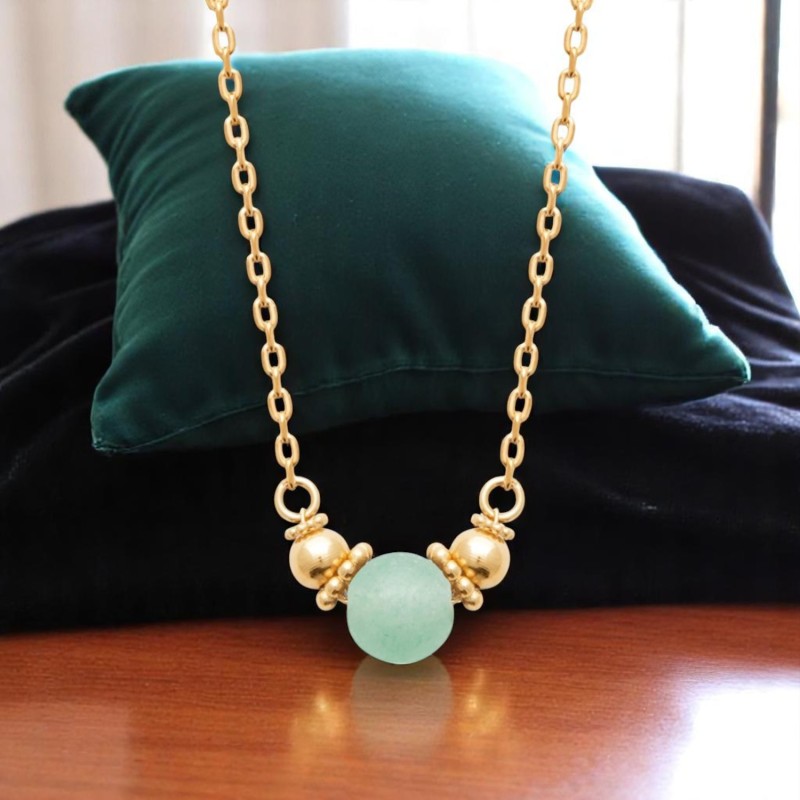 Collier perle naturelle d'aventurine verte Plaqué OR 750 3 microns Collier perle naturelle d'aventurine verte Plaqué OR 750 3 microns