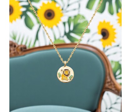 Collier lion et petites feuilles émail coloré Plaqué OR 750 3 microns