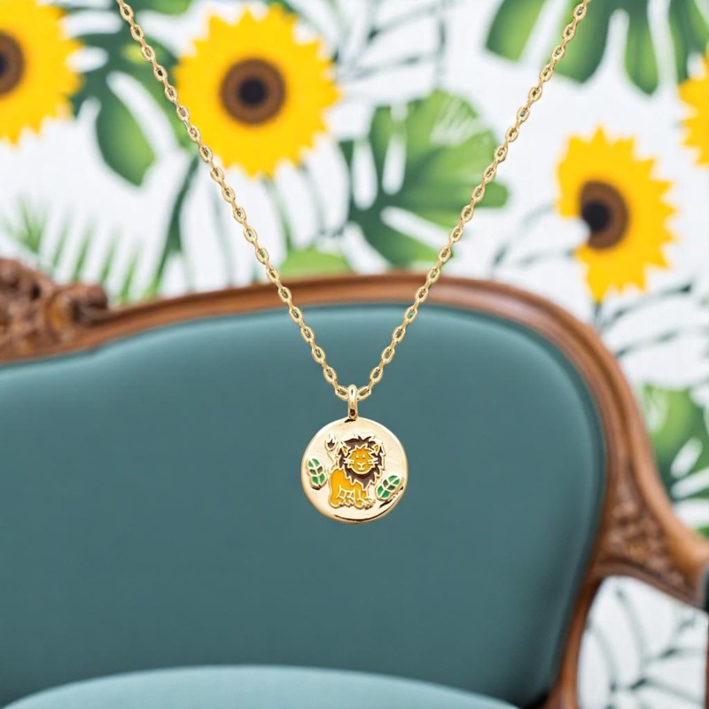 Collier lion et petites feuilles émail coloré Plaqué OR 750 3 microns