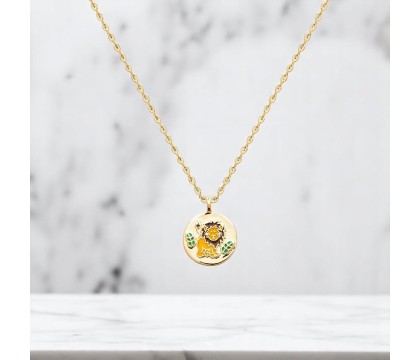 Collier lion et petites feuilles émail coloré Plaqué OR 750 3 microns