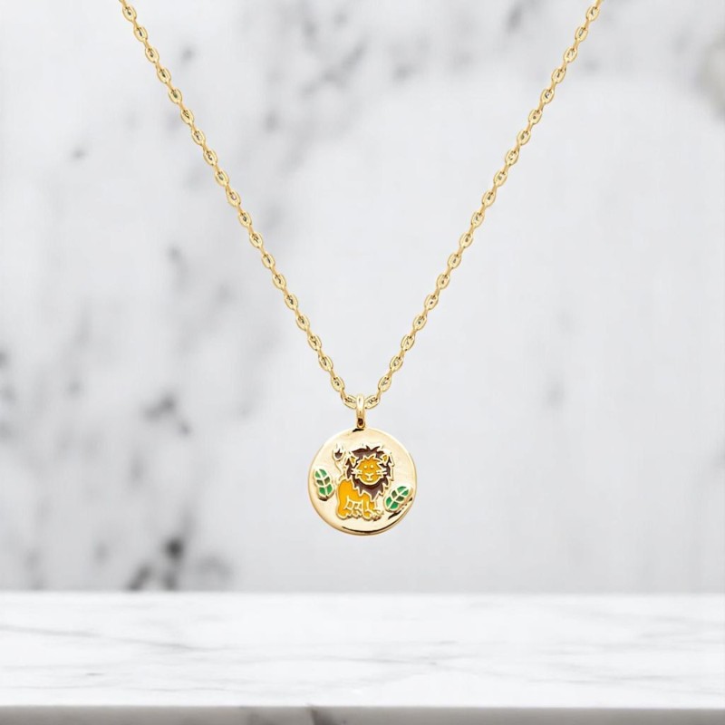 Collier lion et petites feuilles émail coloré Plaqué OR 750 3 microns