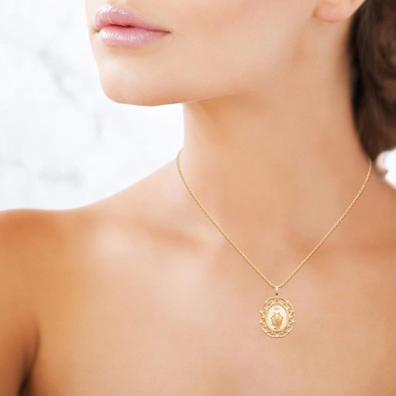 Collier médaille Vierge Miraculeuse contour ajouré motif arabesque Plaqué OR 750 3 microns