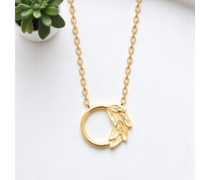 Collier cercle contour de l'anneau motif feuille Plaqué OR 750 3 microns
