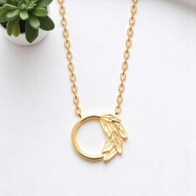 Collier cercle contour de l'anneau motif feuille Plaqué OR 750 3 microns