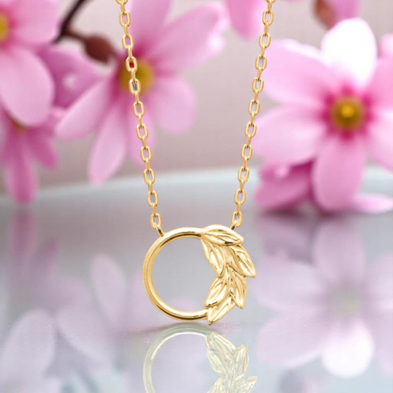 Collier cercle contour de l'anneau motif feuille Plaqué OR 750 3 microns