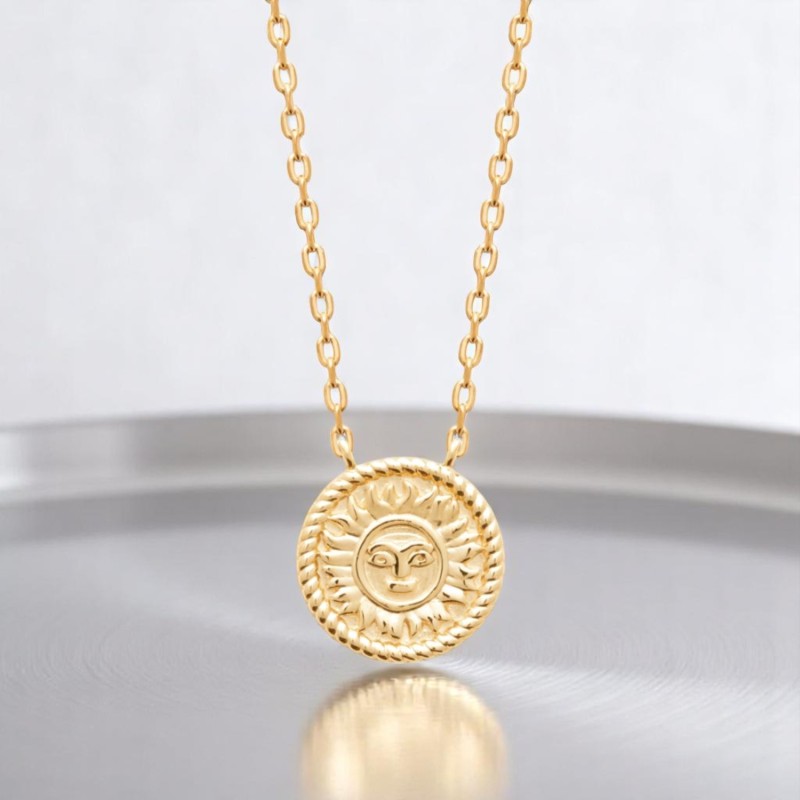 Collier soleil personnifié visage souriant Plaqué OR 750 3 microns