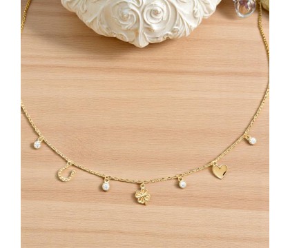 Collier porte bonheur chance coeur trèfle fer à cheval et oxydes de zirconiums Plaqué OR 750 3 microns