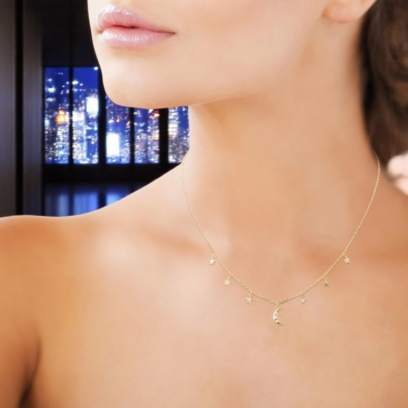 Collier lune et étoiles oxydes de zirconiums Plaqué OR 750 3 microns Collier lune et étoiles oxydes de zirconiums Plaqué OR 750 3 microns