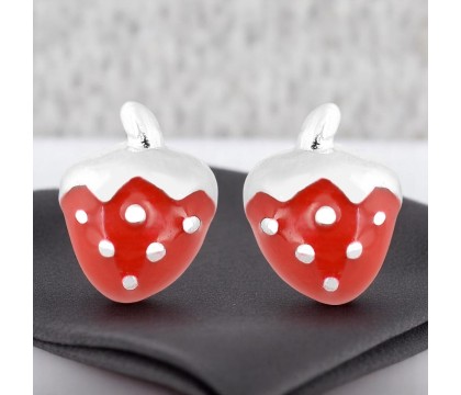Boucles d'oreilles fraise émail rouge Argent 925 Rhodié