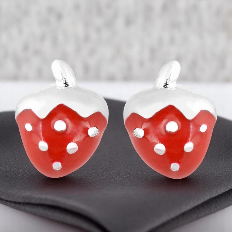 Boucles d'oreilles fraise émail rouge Argent 925 Rhodié
