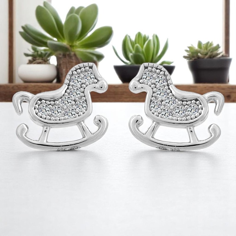 Boucles d'oreilles cheval à bascule serti d'oxyde de zirconium Argent 925 Rhodié
