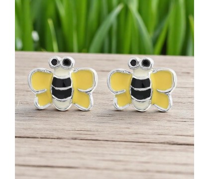 Boucles d'oreilles petite abeille émail jaune, noir et blanc Argent 925 Rhodié