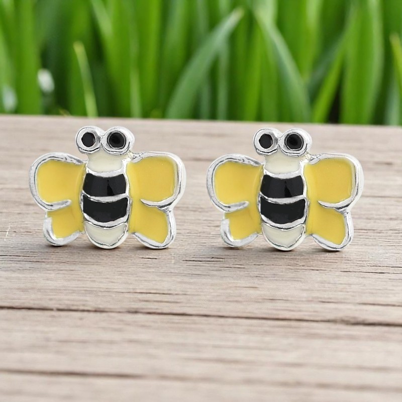 Boucles d'oreilles petite abeille émail jaune, noir et blanc Argent 925 Rhodié