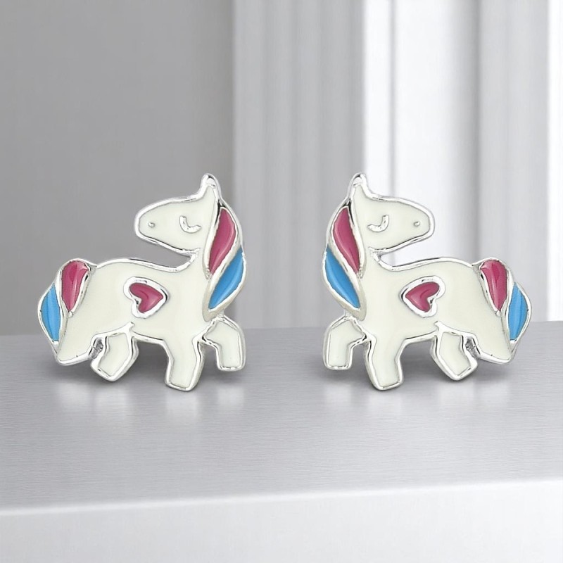 Boucles d'oreilles licorne coeur émail coloré Argent 925 Rhodié