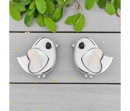 Boucles d'oreilles oiseau coeur de nacre oeil oxyde de zirconium noir Argent 925 Rhodié