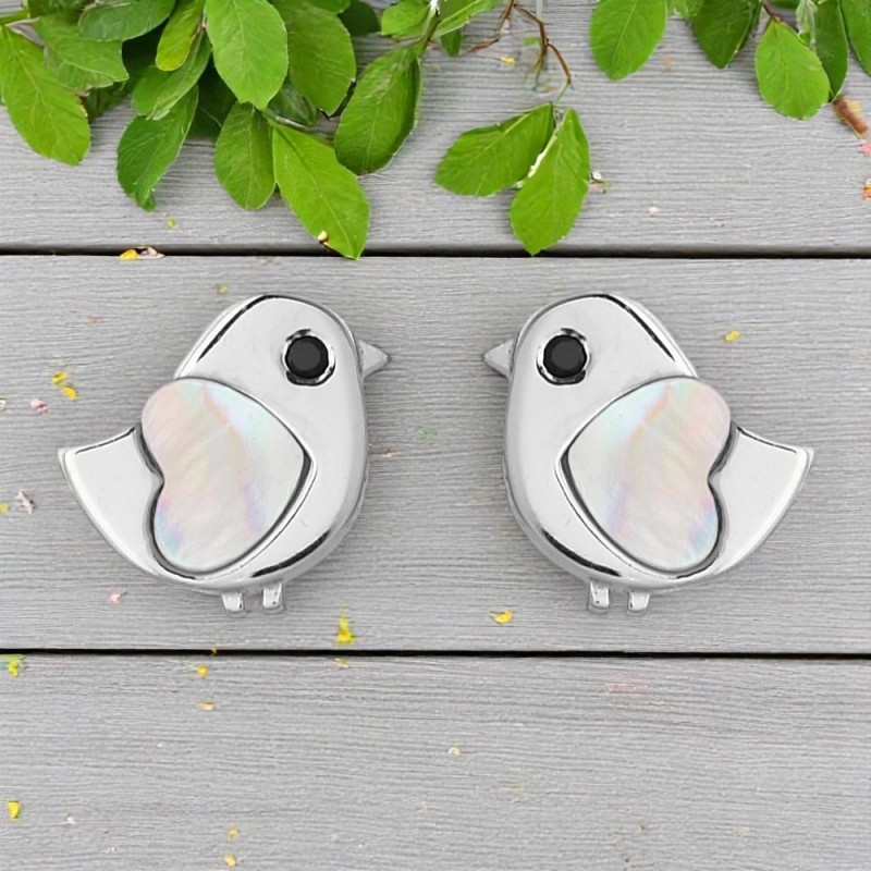 Boucles d'oreilles oiseau coeur de nacre oeil oxyde de zirconium noir Argent 925 Rhodié
