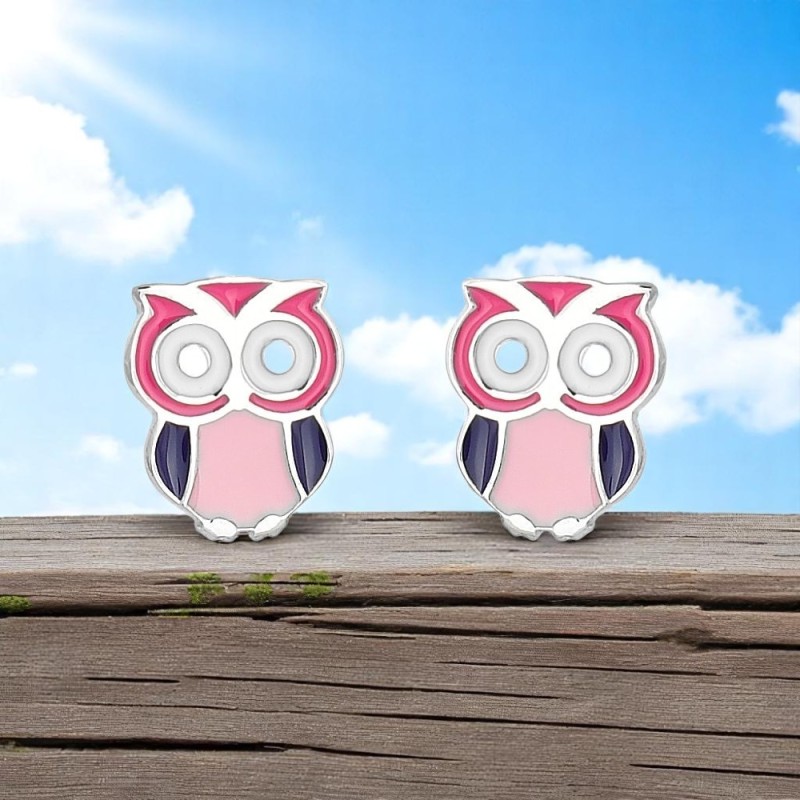 Boucles d'oreilles hibou émail coloré Argent 925 Rhodié