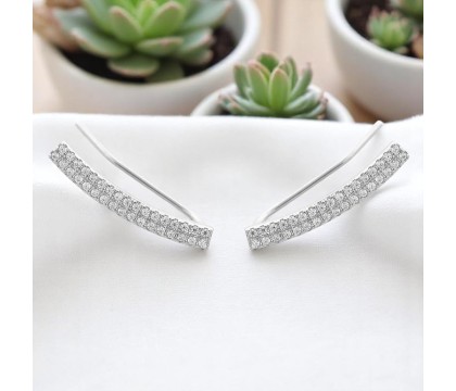 Boucles d'oreilles grimpantes barre 2 rangs contour de lobe serti d'oxydes de zirconium Argent 925 Rhodié