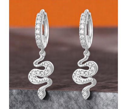 Boucles d'oreilles Mini Créoles serpent pendant serti d'oxydes de zirconium Argent 925 Rhodié Boucles d'oreilles Mini Créoles serpent pendant serti d'oxydes de zirconium Argent 925 Rhodié